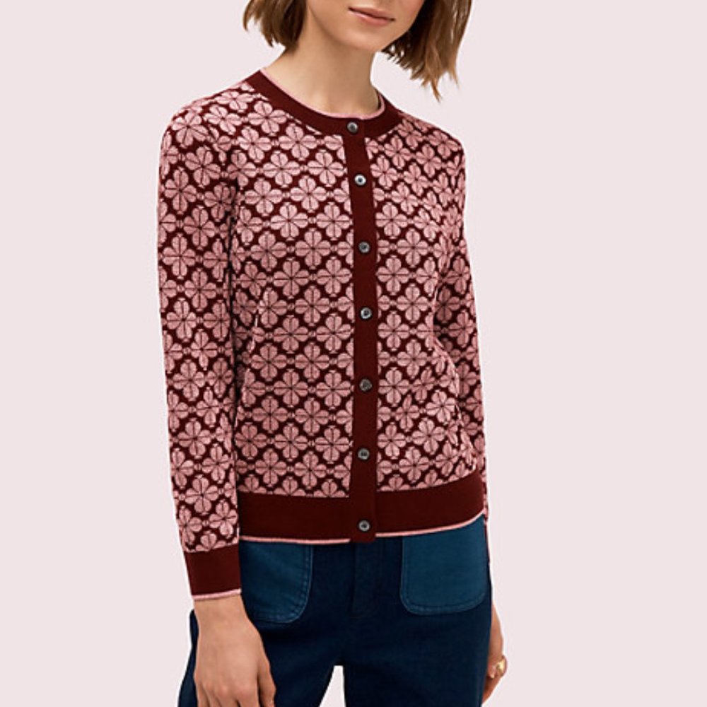 Like New! Kate Spade spade flower cardigan pink size medium. Deep fig. Crewneck